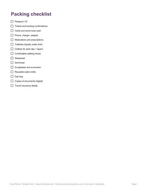 Preview of the first page of Packing checklist