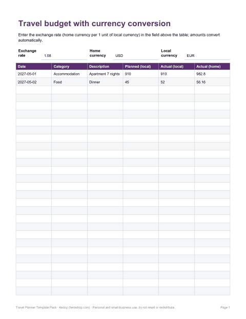Preview of the first page of Travel budget (XLSX)